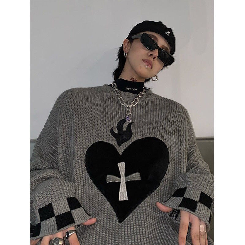 Sweater With Hearts Harajuku Fashion Men&#39;s Clothes Winter Trend Women&#39;s Print Oversize Korean Knit Hip Hop Clothing Sweaters