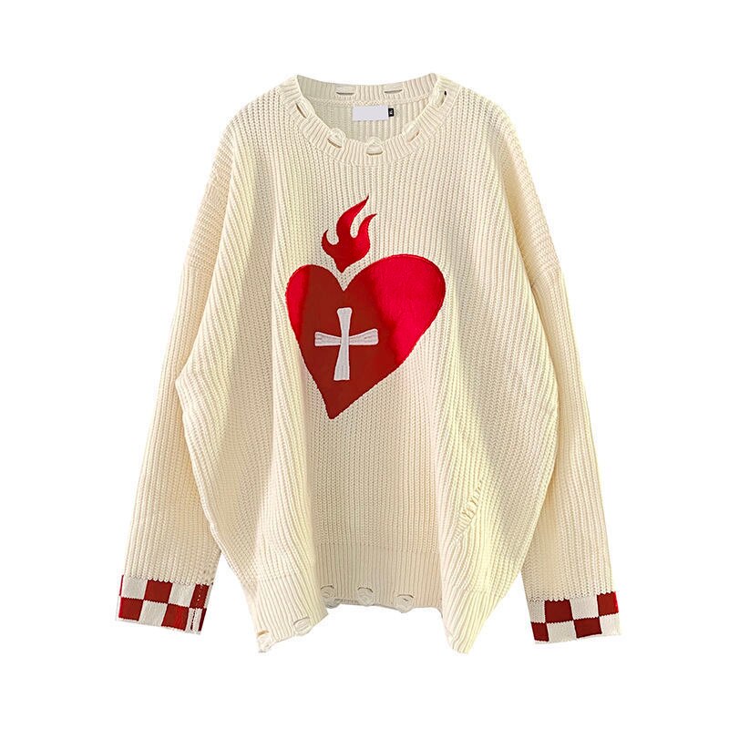 Sweater With Hearts Harajuku Fashion Men&#39;s Clothes Winter Trend Women&#39;s Print Oversize Korean Knit Hip Hop Clothing Sweaters