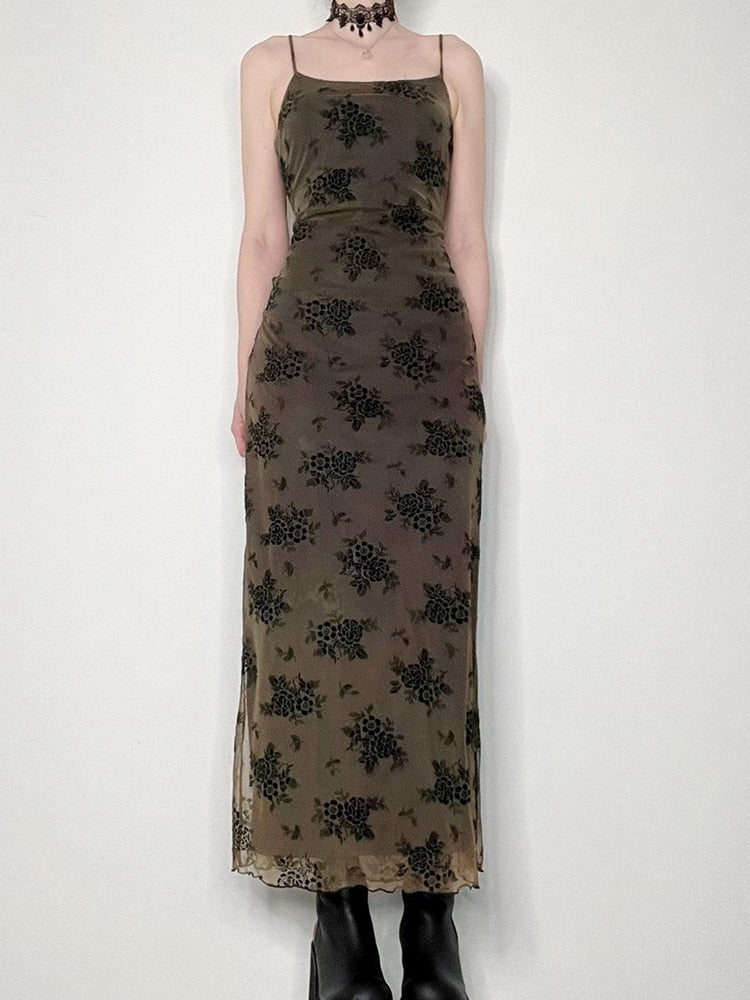 Academia Grunge Graphic Print Long Cami Dress - In Control Clothing