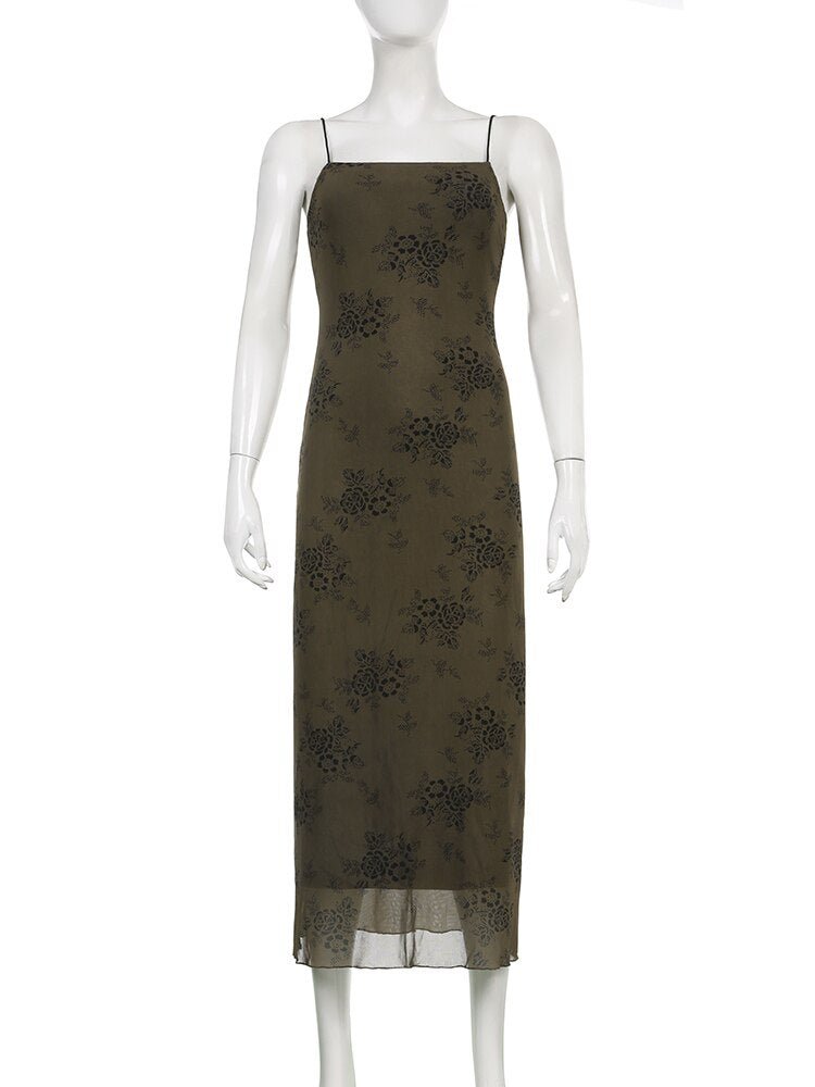 Academia Grunge Graphic Print Long Cami Dress - In Control Clothing