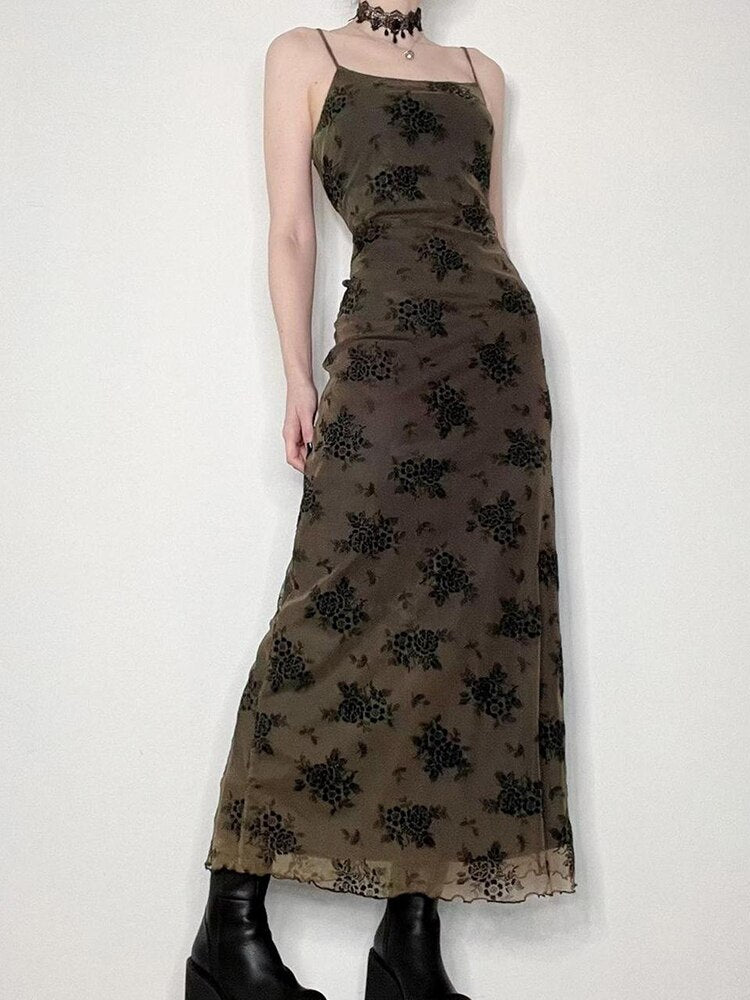Academia Grunge Graphic Print Long Cami Dress - In Control Clothing