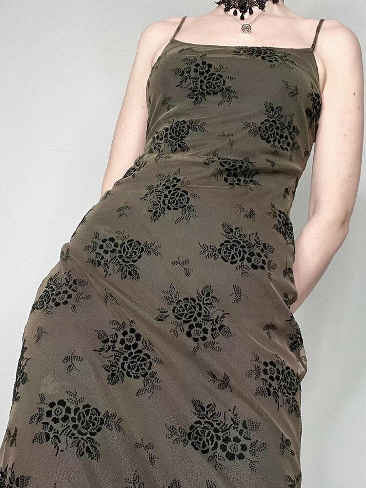 Academia Grunge Graphic Print Long Cami Dress - In Control Clothing