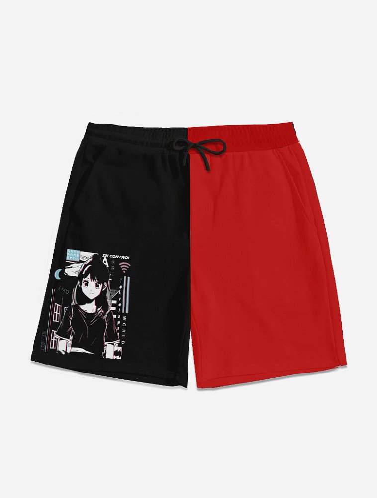 Anime Contrast Black And Red Men's Shorts - In Control Clothing