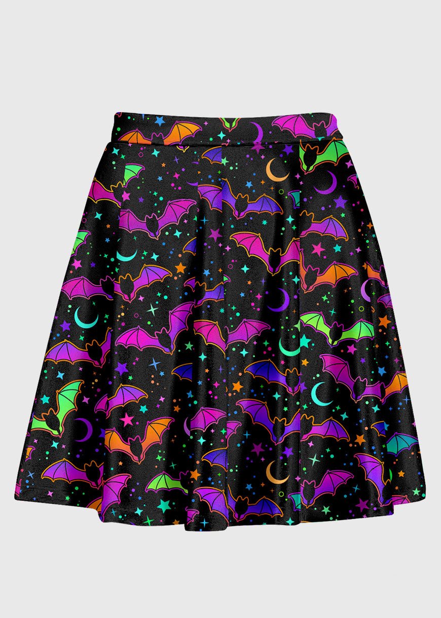 Bat Moon Colorful Pattern Goth Skater Skirt - In Control Clothing