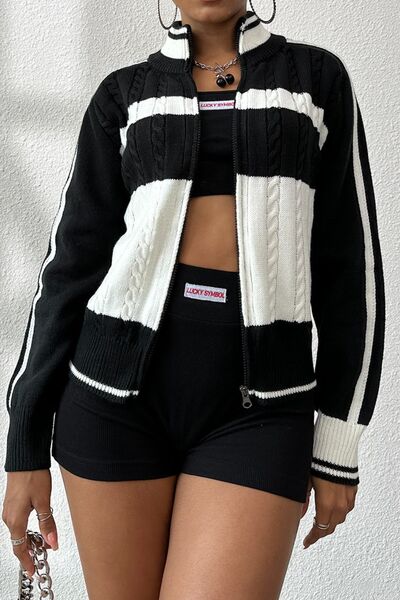 Black And White Color Block Raglan Sleeve Knit Cardigan - In Control Clothing