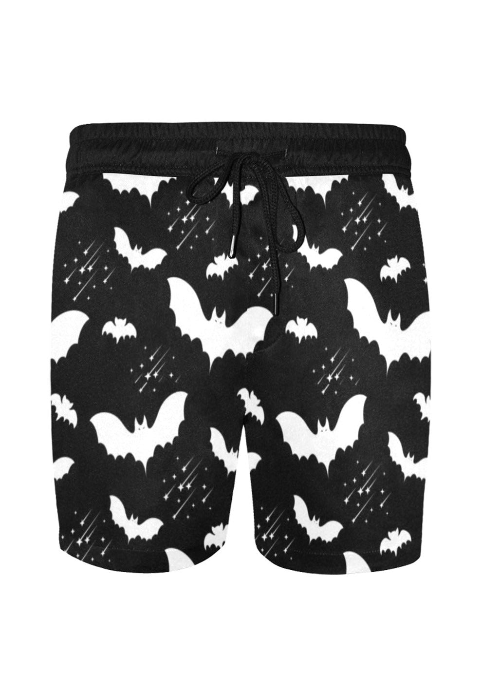 Black Bat Pattern Mens Mid Length Swim Trunks - In Control Clothing