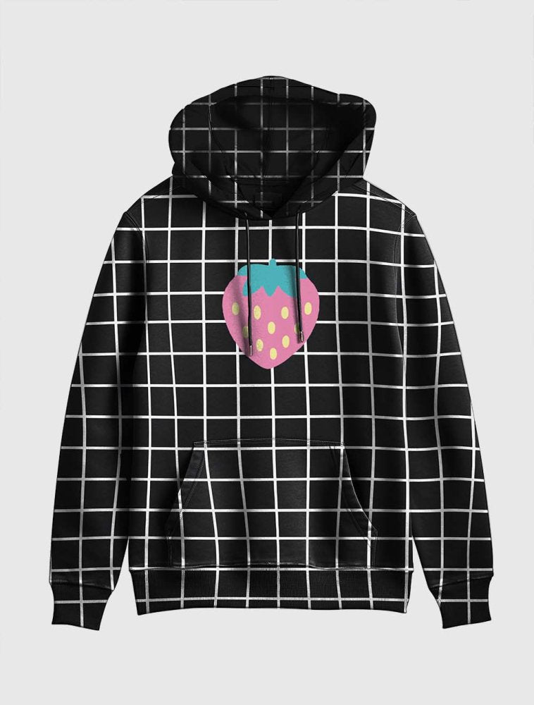 Black Grid Strawberry Kawaii Hoodie - In Control Clothing