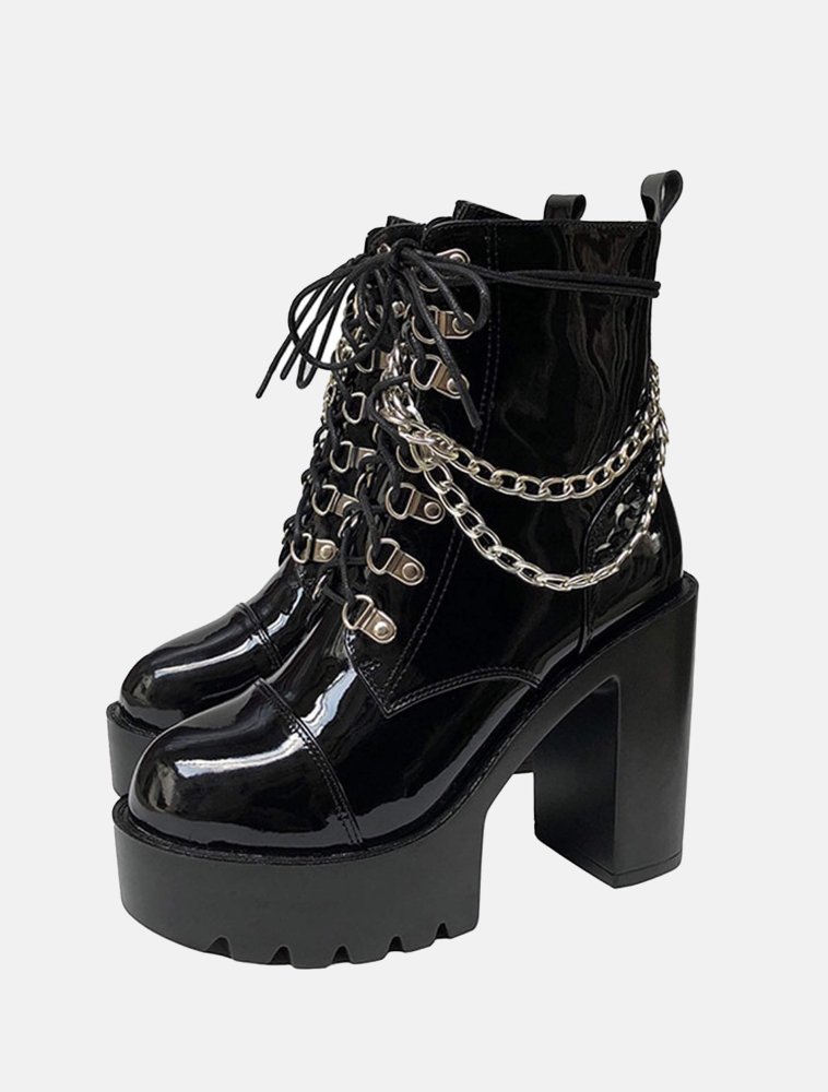 Black Platform High Heel Chain Boots - In Control Clothing