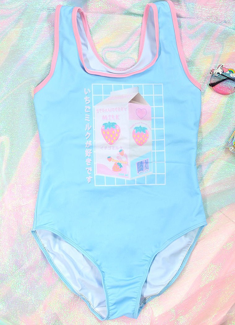 Blue Strawberry Milk Graphic Print One Piece Swimsuit - In Control Clothing