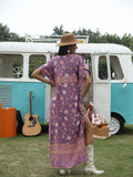 Boho Printed Tie Neck Short Sleeve Hippie Dress - In Control Clothing