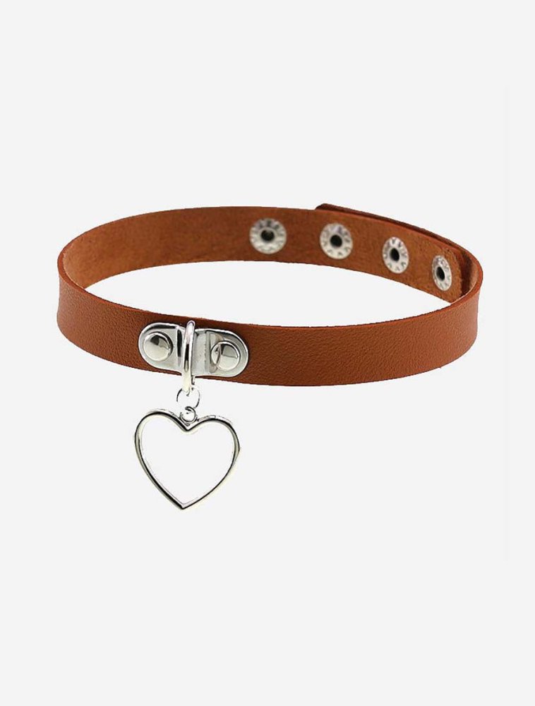 Brown Kawaii Style Heart Pendant Choker Necklace - In Control Clothing
