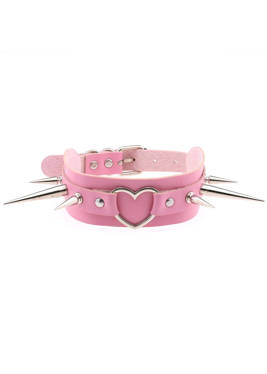Bubbly Pink Goth Spiked Heart Collar Necklace - In Control Clothing