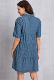 Button Up Collared Neck Tiered Denim Dress - In Control Clothing