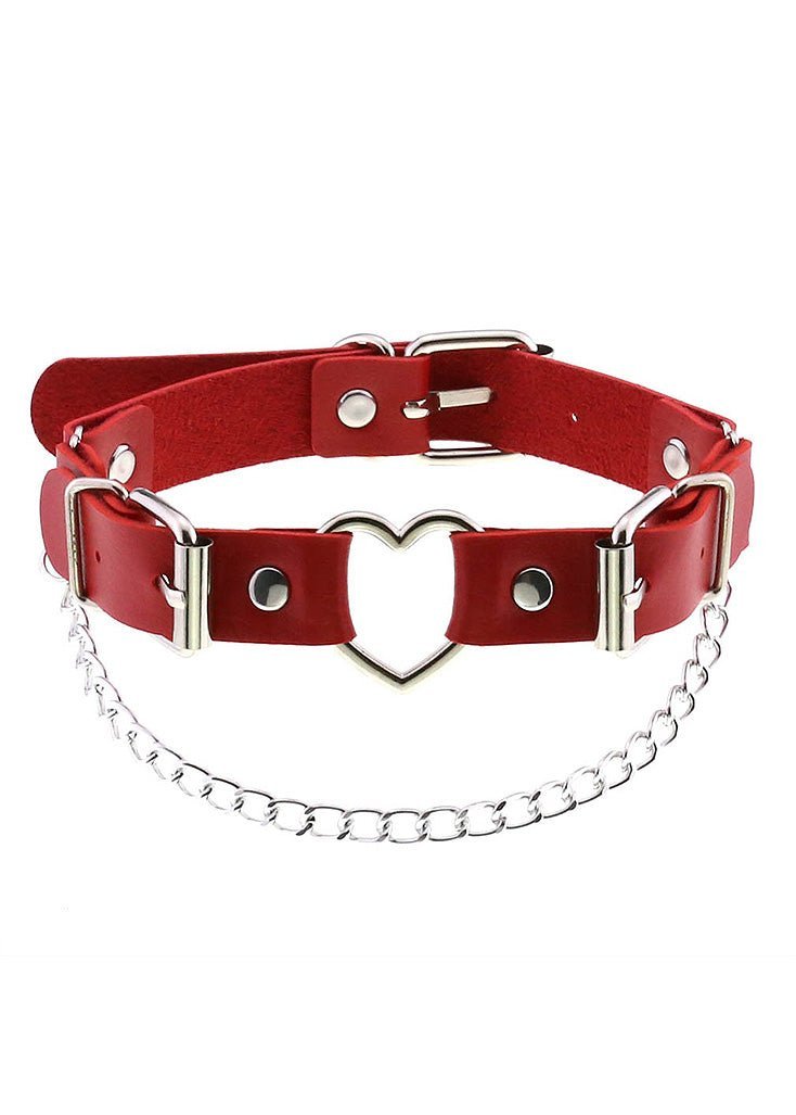 Cherry Red Heart Strap Chain Detail Choker Necklace - In Control Clothing