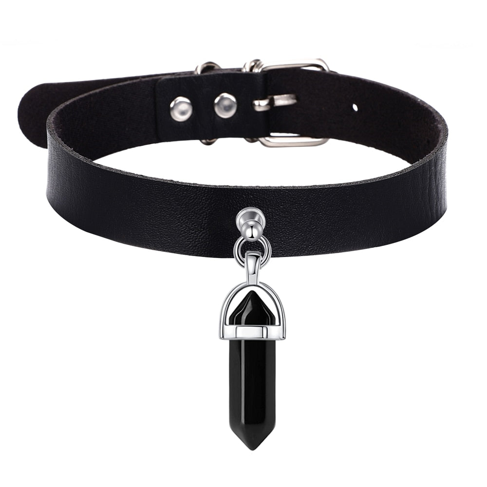 Faux Leather Crystal Choker Necklace - In Control Clothing