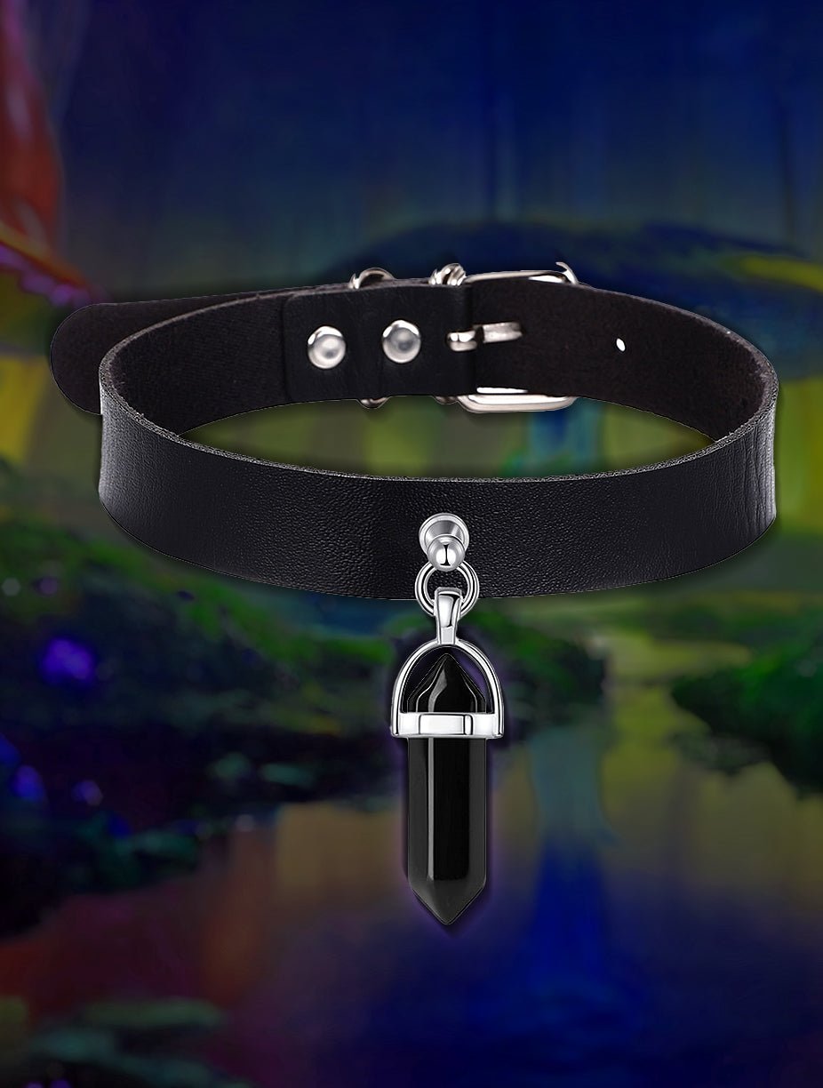 Faux Leather Crystal Choker Necklace - In Control Clothing