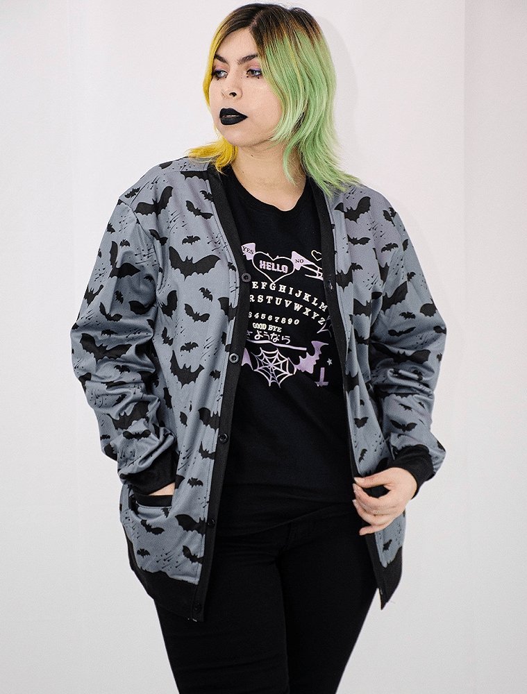 Grey Bat Pattern Cardigan Sweater - In Control Clothing