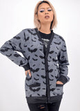 Grey Bat Pattern Cardigan Sweater - In Control Clothing