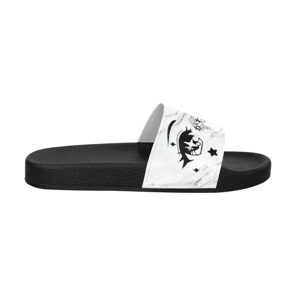 Kawaii Anime Eyes White Marble Women's Slide Sandals - In Control Clothing