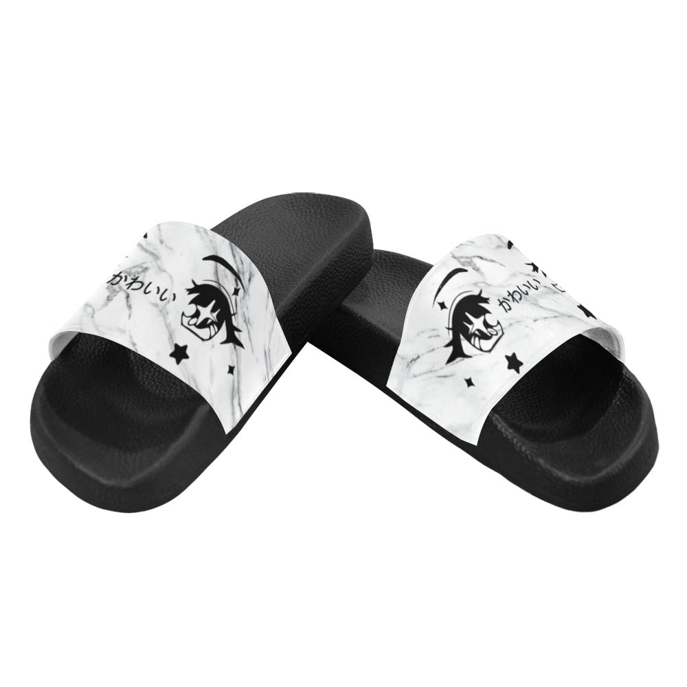 Kawaii Anime Eyes White Marble Women's Slide Sandals - In Control Clothing