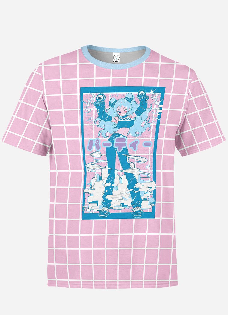 Kawaii Anime Grid Print T-Shirt - In Control Clothing