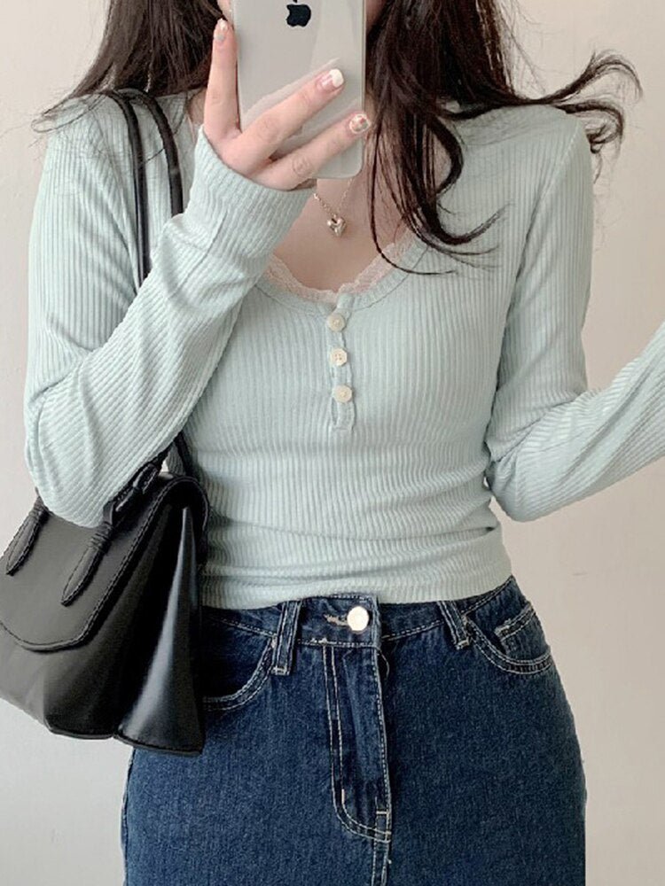 Lace Button Collar Button Top - In Control Clothing