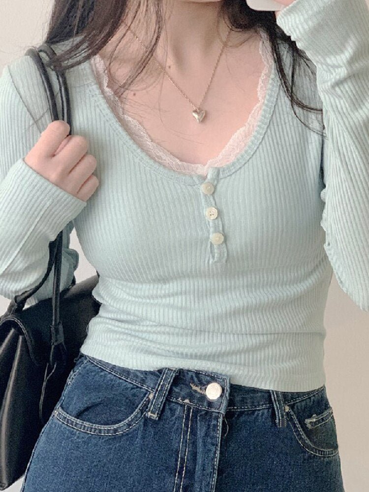 Lace Button Collar Button Top - In Control Clothing