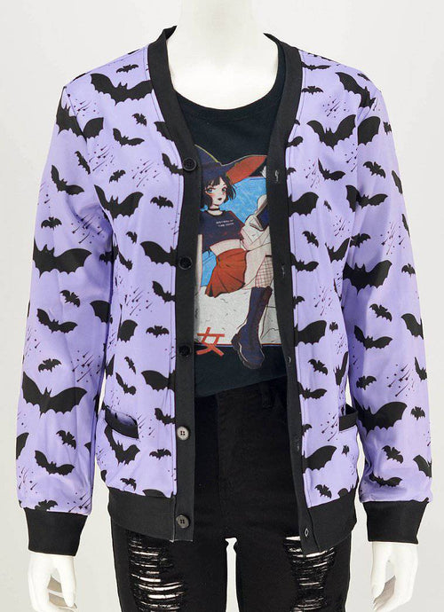 Plus Size Lilac Bat Pattern Cardigan Sweater