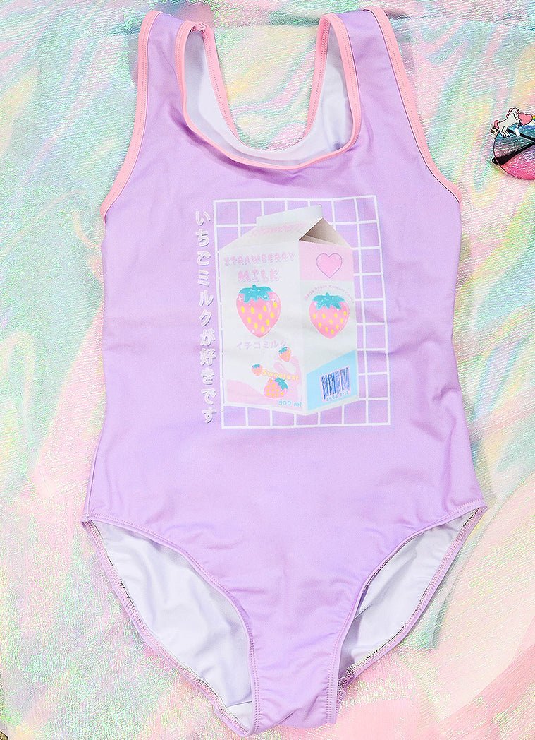 Lilac Strawberry Milk Graphic Print One Piece Swimsuit - In Control Clothing
