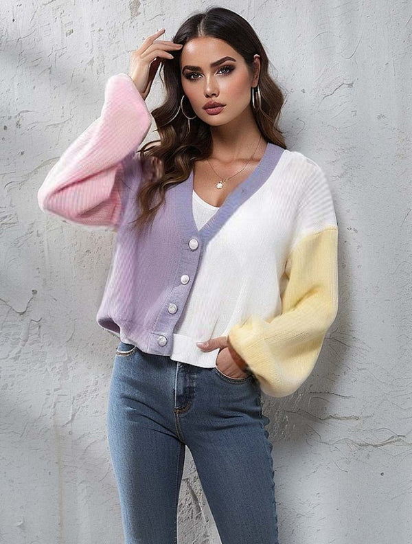 Pastel Color Block Button Up V-Neck Knit Top
