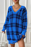Plaid V-Neck Long Sleeve Sweater Dress - In Control Clothing