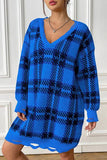 Plaid V-Neck Long Sleeve Sweater Dress - In Control Clothing