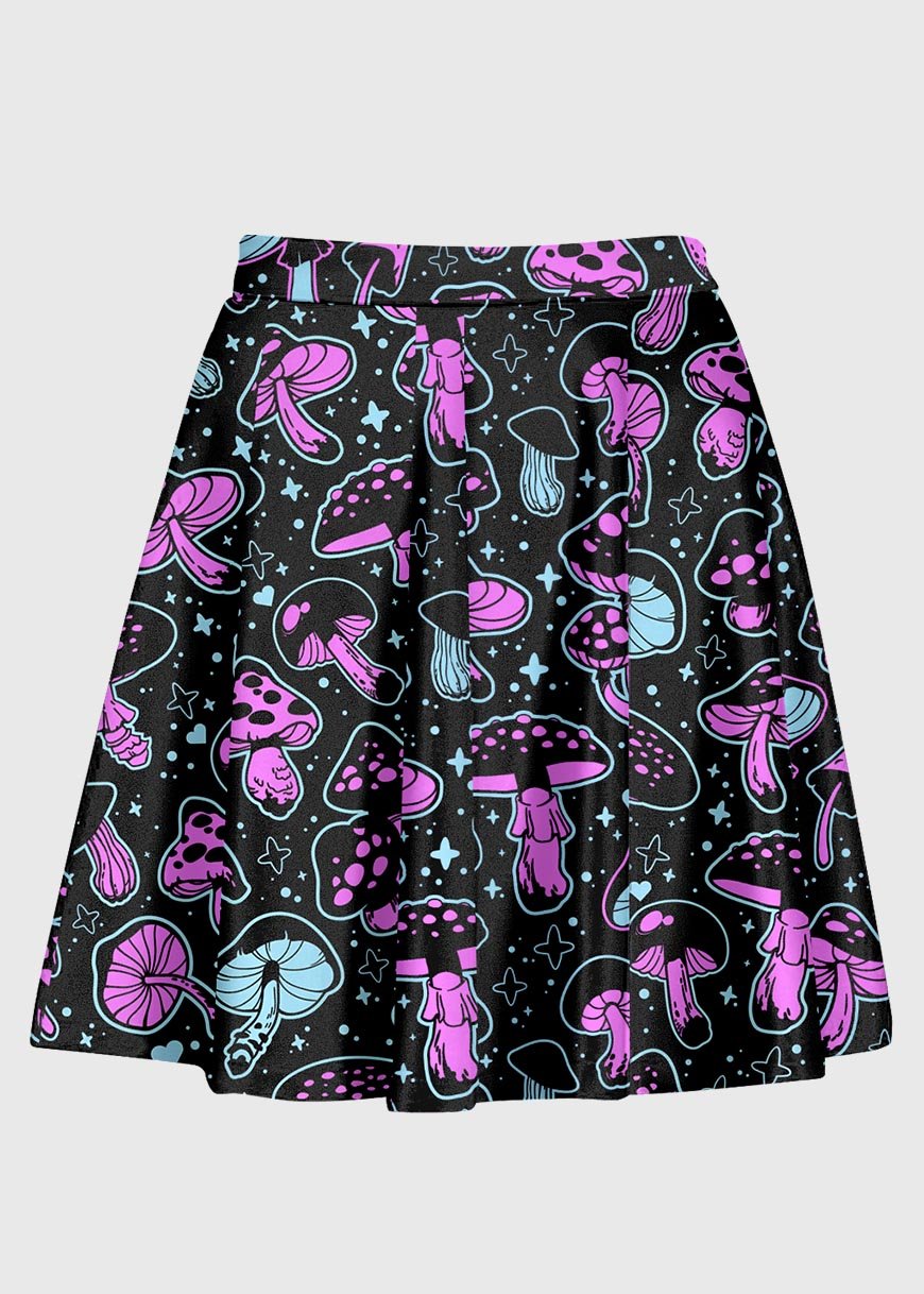 Plus Size Cute Pink Blue Mushroom Black Skirt - In Control Clothing