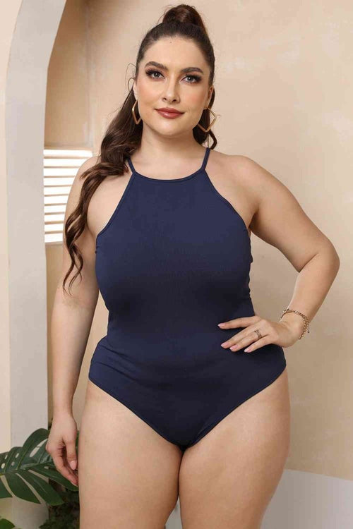 Plus Size Halter Neck Solid Bodysuit