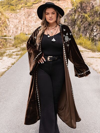 Plus Size Hippie Embroidery Open Front Long Sleeve Cardigan