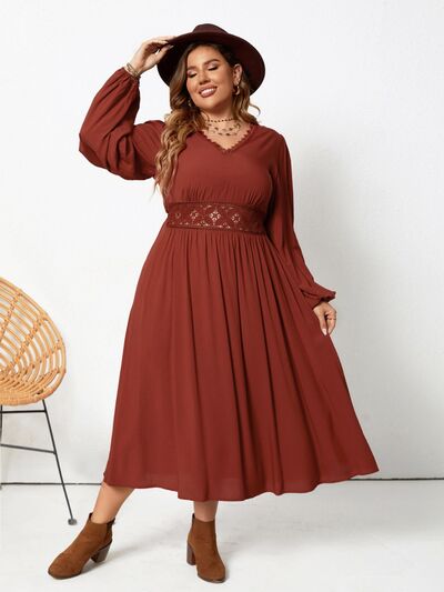 Plus Size Lace Detail V-Neck Balloon Sleeve Dress - In Control Clothing