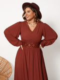 Plus Size Lace Detail V-Neck Balloon Sleeve Dress - In Control Clothing