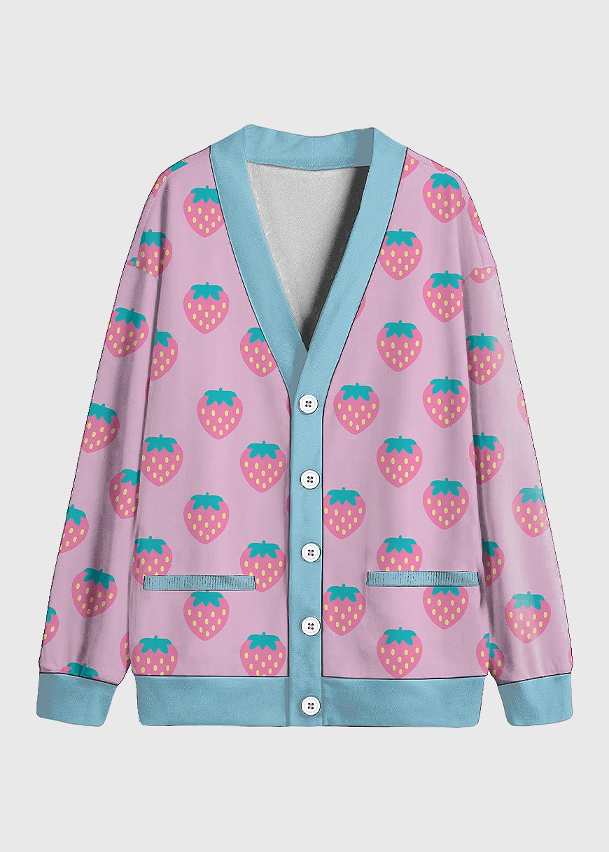 Plus Size Pink Strawberry Kawaii Fleece Cardigan - In Control Clothing