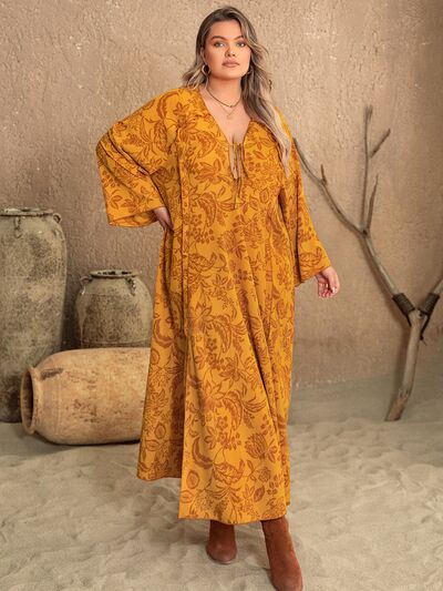 Plus Size Printed Slit Long Sleeve Hippie Dress - In Control Clothing