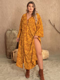 Plus Size Printed Slit Long Sleeve Hippie Dress - In Control Clothing