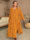 Plus Size Printed Slit Long Sleeve Hippie Dress - In Control Clothing