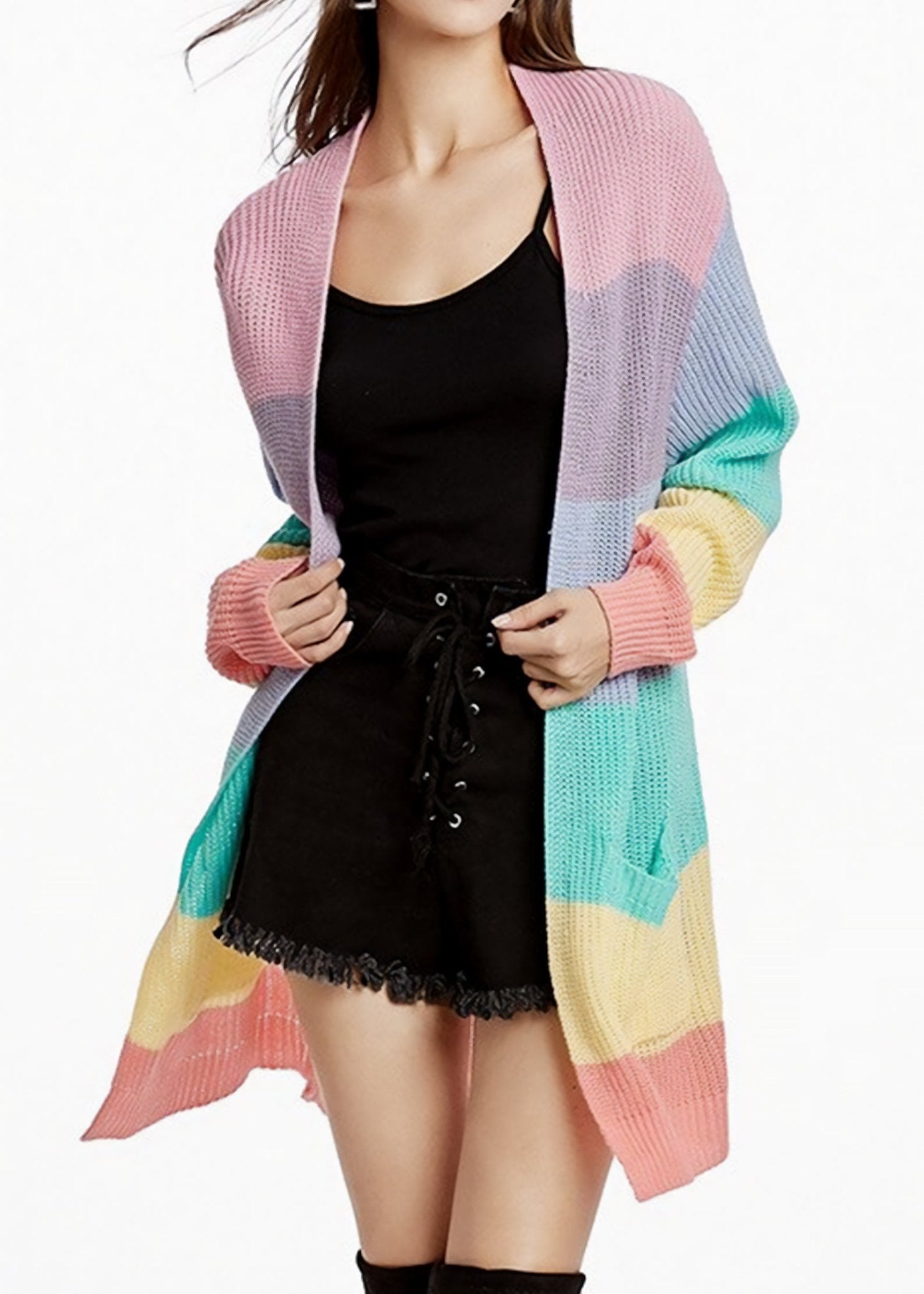 Rainbow striped long cardigan Sweater - In Control Clothing