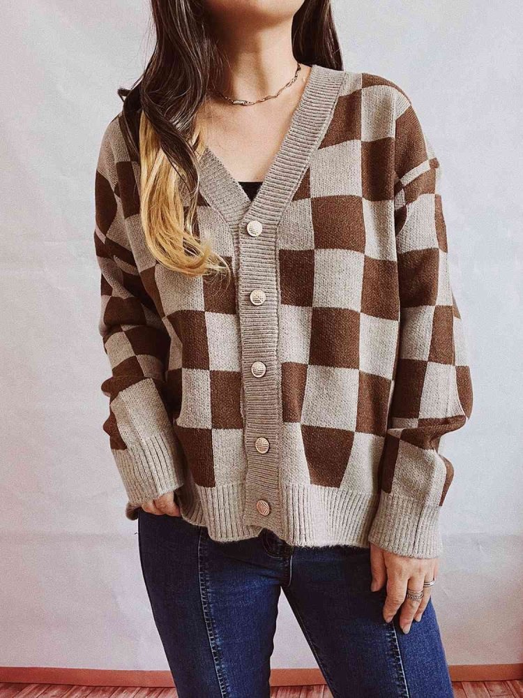 Retro Checkered Button Up Knit Cardigan - In Control Clothing