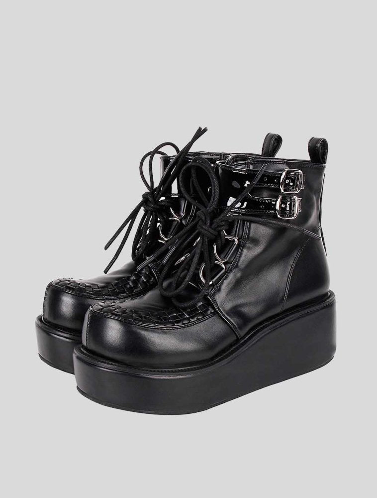 Womens Black Platform Creeper Wedge Boots - In Control Clothing