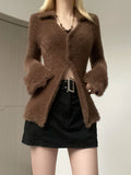 Womens Brown Fuzzy Cardigan Sweater - In Control Clothing