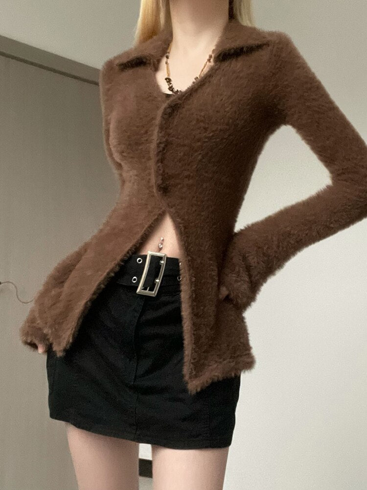 Womens Brown Fuzzy Cardigan Sweater - In Control Clothing