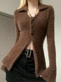 Womens Brown Fuzzy Cardigan Sweater - In Control Clothing