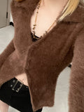 Womens Brown Fuzzy Cardigan Sweater - In Control Clothing